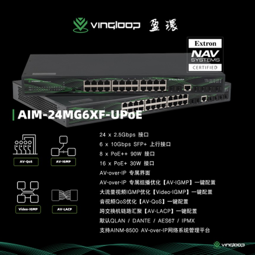 VINGLOOP AIM-24MG6XF-UPoE AV switch with the Extron NAV Systems Certified badge and key specifications.
