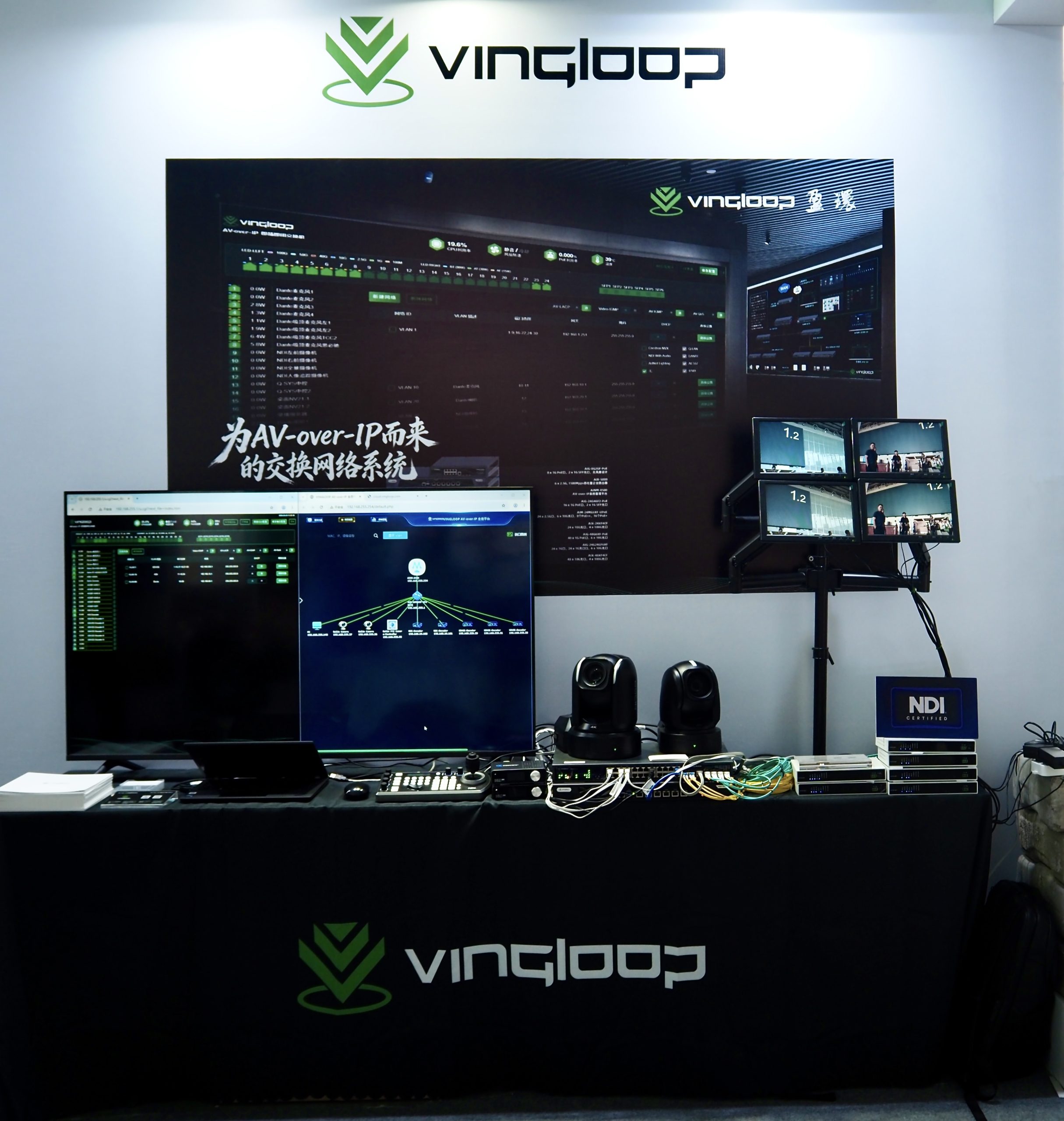 VINGLOOP Touch and Play AV-over-IP solution experience booth with switching network monitors and NDI-certified devices.
